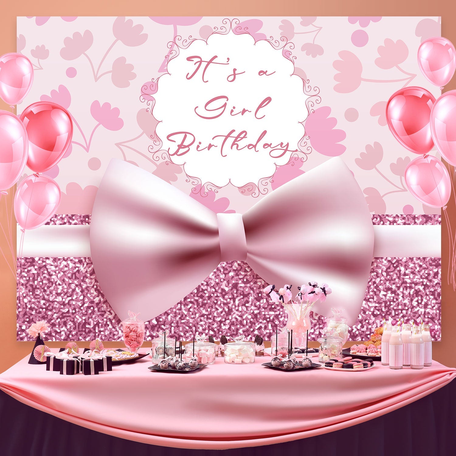 Personalisierte Geburtstag Fotokulisse Romantisch Rosa Schleife Hintergrund BRP3-56