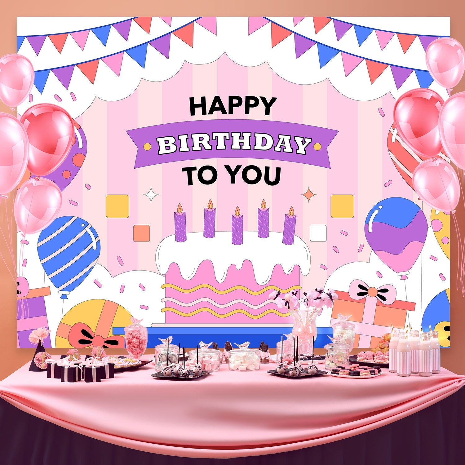 Personalisierte Backdrop für Geburtstag Bunte Ballons Kuchen Backdrop BRP3-75