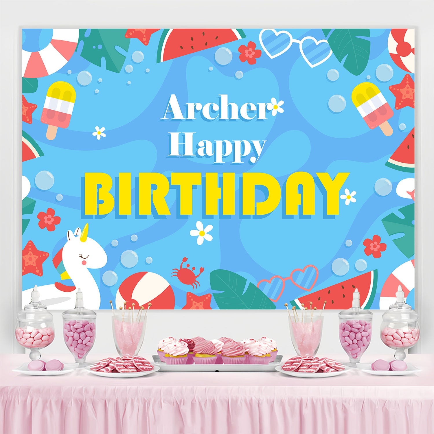 Personalisierte Backdrop für Geburtstag Tropical Pool Party Backdrop BRP3-95