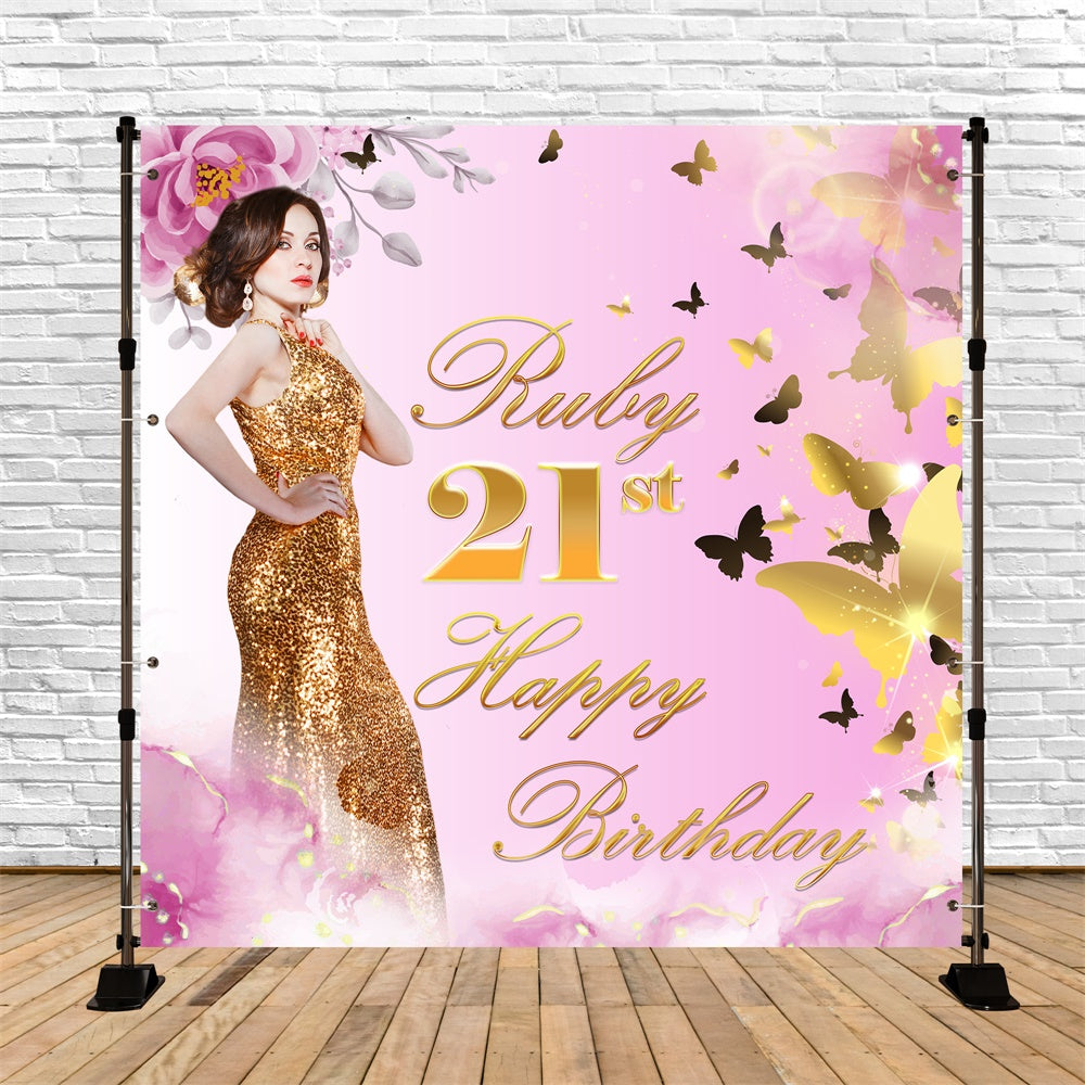 Personalisierte Geburtstag Backdrops Goldener Schmetterling Floral Backdrop BRP5-91