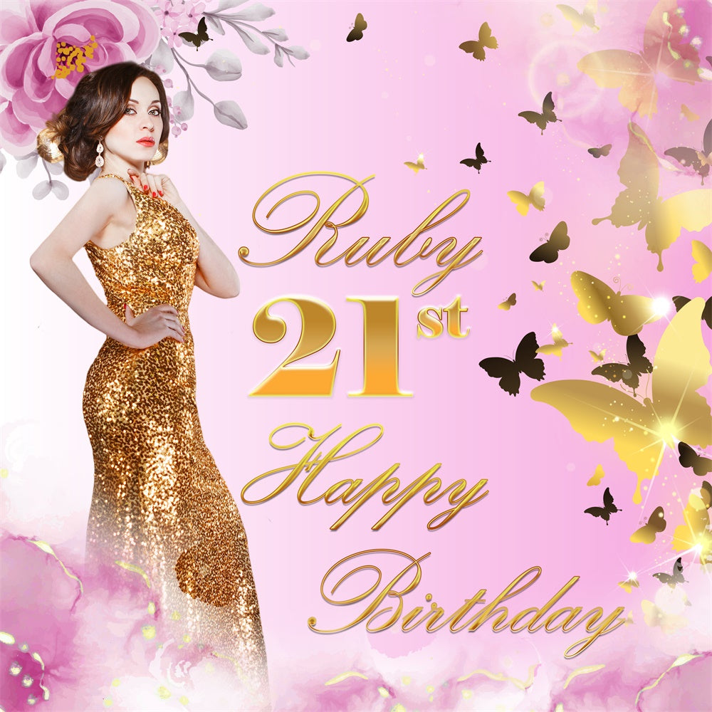 Personalisierte Geburtstag Backdrops Goldener Schmetterling Floral Backdrop BRP5-91