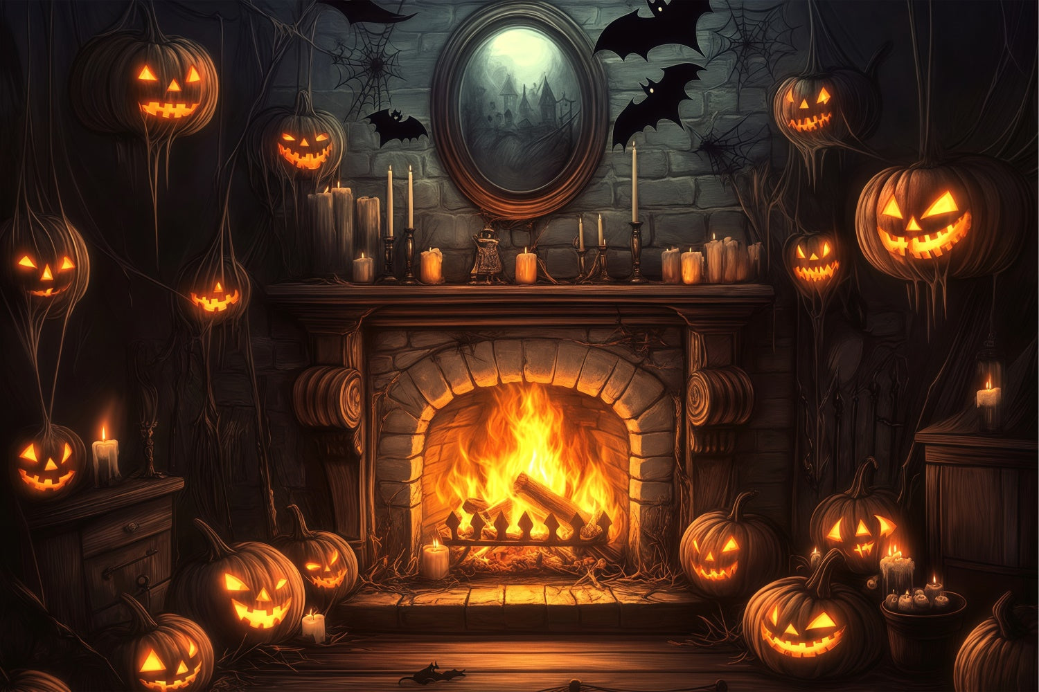 Halloween Fotokulisse Kürbis Kamin Fledermaus Kulisse BRP57-113