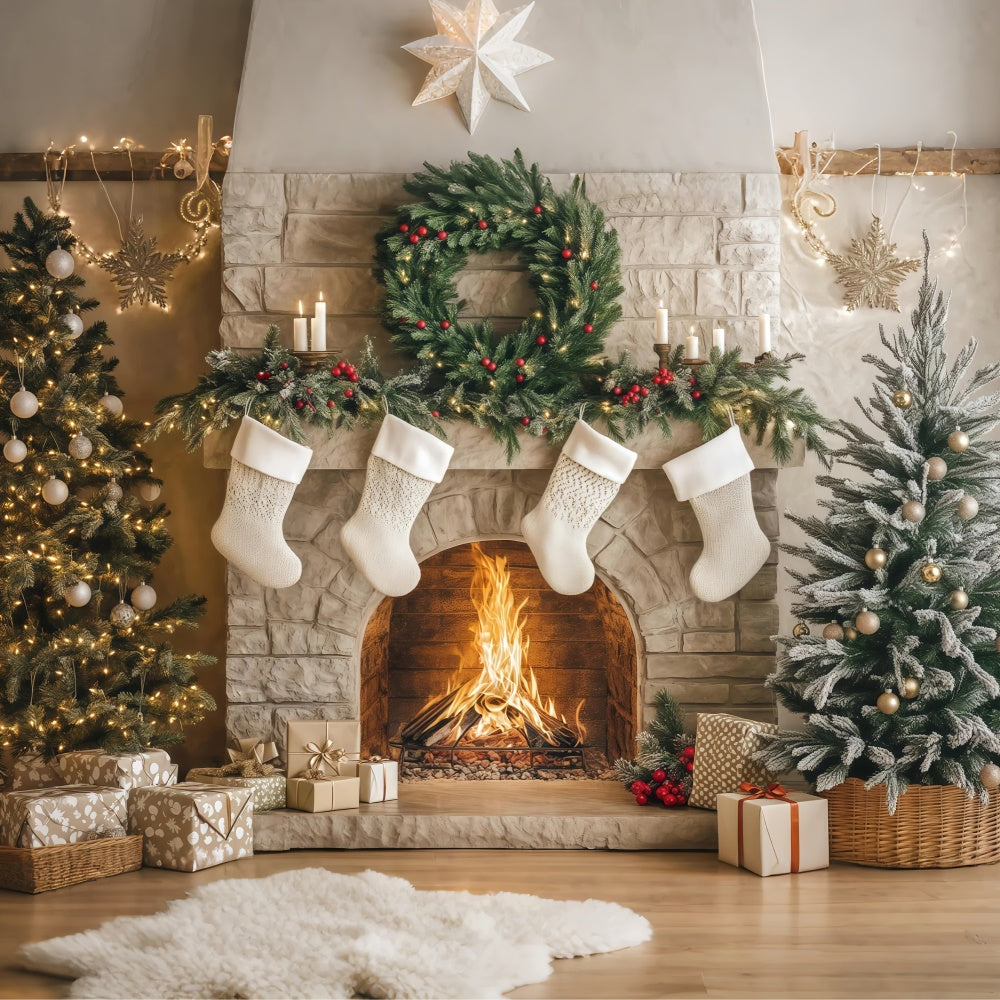 Professionelle Weihnachts-Hintergrundkulissen Cozy Hearth Stockings Backdrop BRP57-133