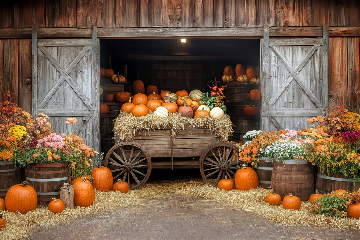 Herbst Fotokulisse Kürbis Wagen Scheune Fotohintergrund BRP57-184