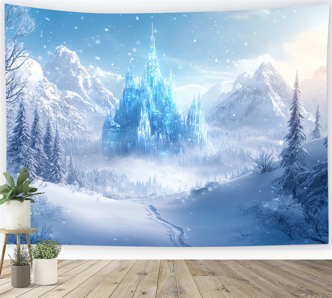 Winter-Fotokulissen Nebliges verzaubertes Eisschloss Foto Hintergrund BRP57-376