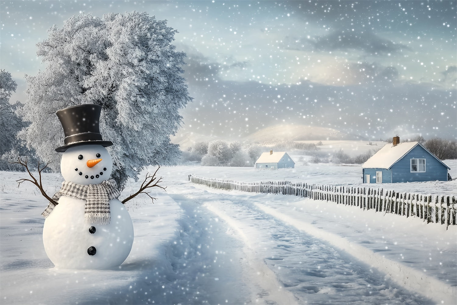 Winter Snow Backdrop Serene Path Snowman Foto Hintergrund BRP57-389