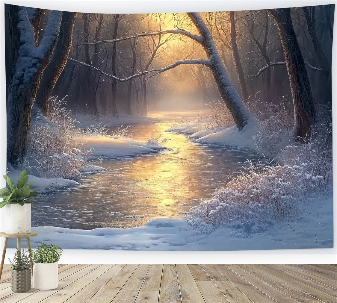 Winter Forest Backdrop Tranquil River Morning Foto Hintergrund BRP57-392