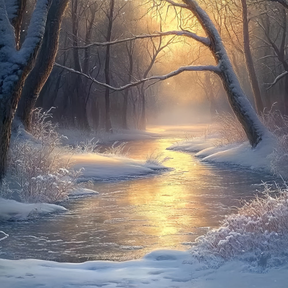 Winter Forest Backdrop Tranquil River Morning Foto Hintergrund BRP57-392