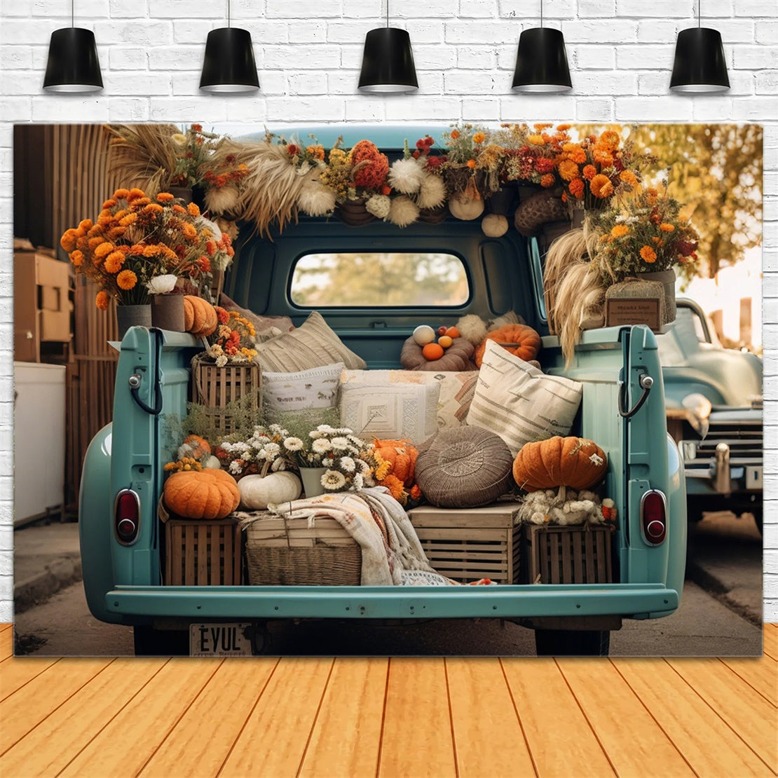 Herbst Waldblatt Kürbis Blauer LKW Hintergrund BRP7-101