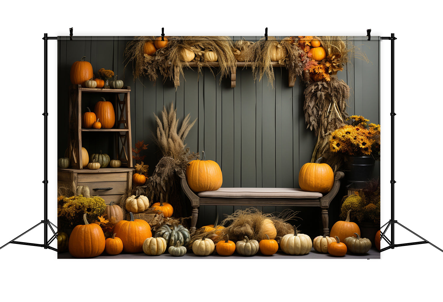 Herbstkürbis Regal Schilf Fotografie Hintergrund BRP7-127