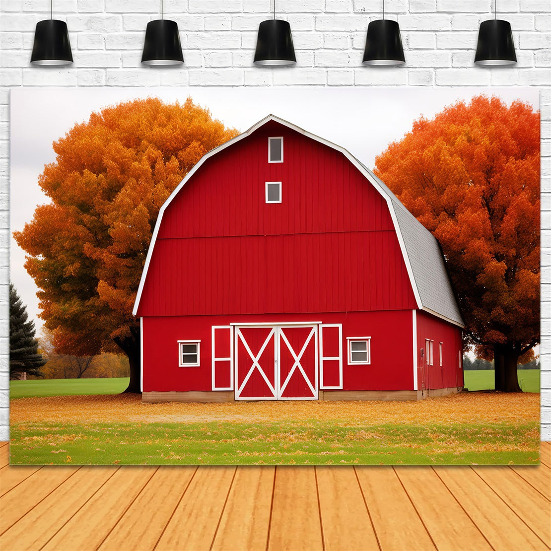 Rotes Haus Ahornblatt Wiese Herbst Kulisse BRP7-128