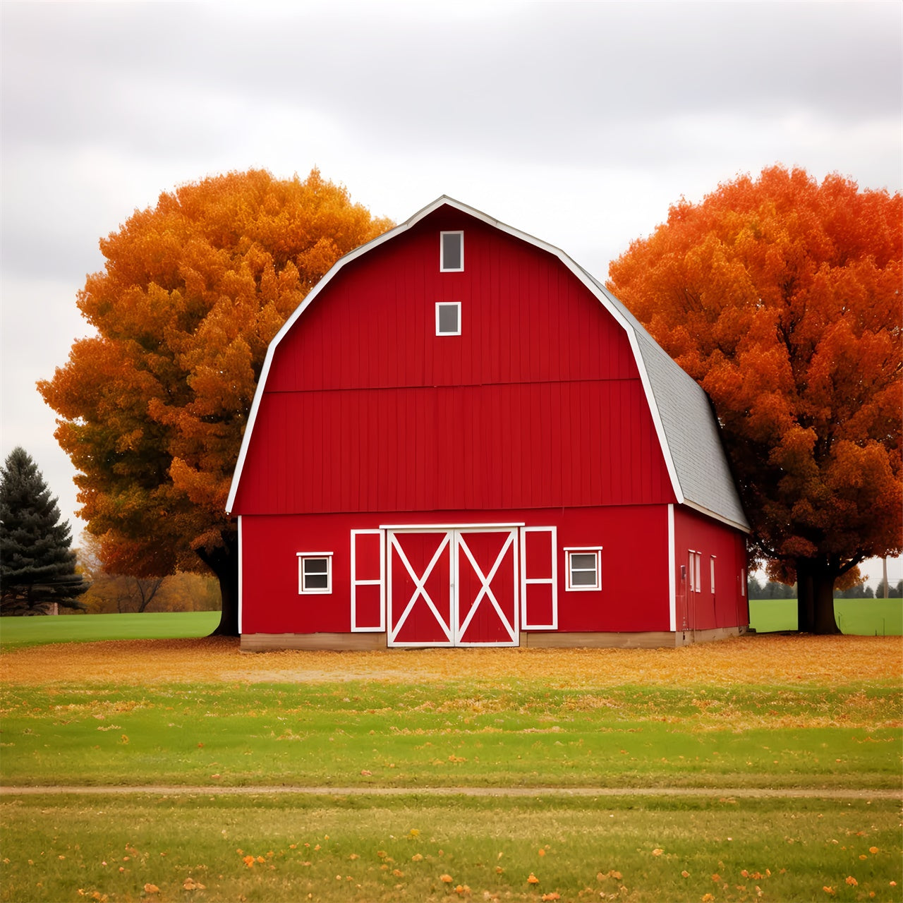 Rotes Haus Ahornblatt Wiese Herbst Kulisse BRP7-128