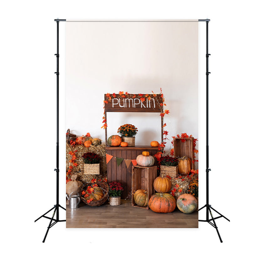 Herbst Kürbis Stand Ahornblätter Fotohintergrund BRP7-133