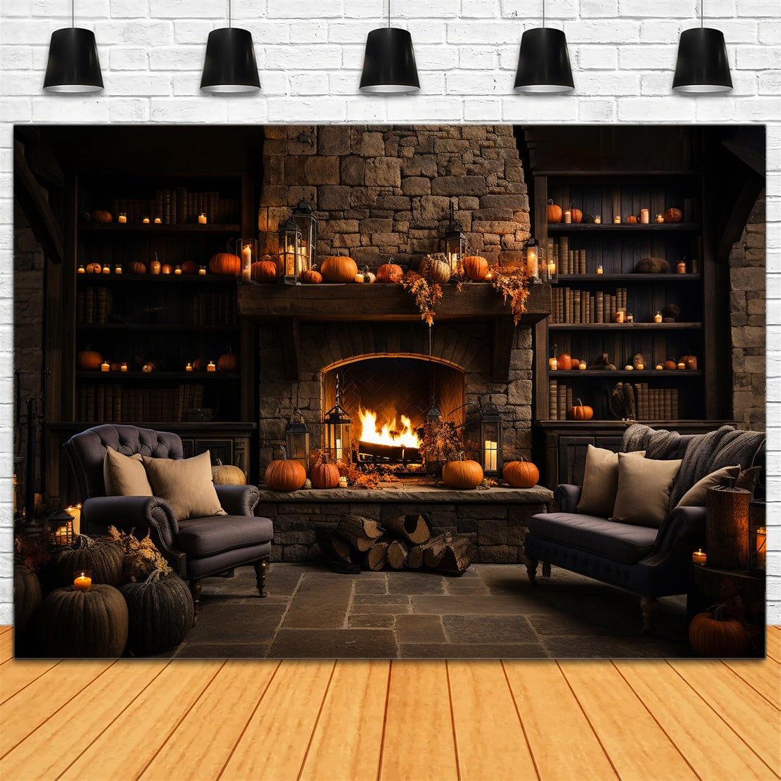 Herbst Kürbis Zimmer Kamin Sofa Hintergrund BRP7-65