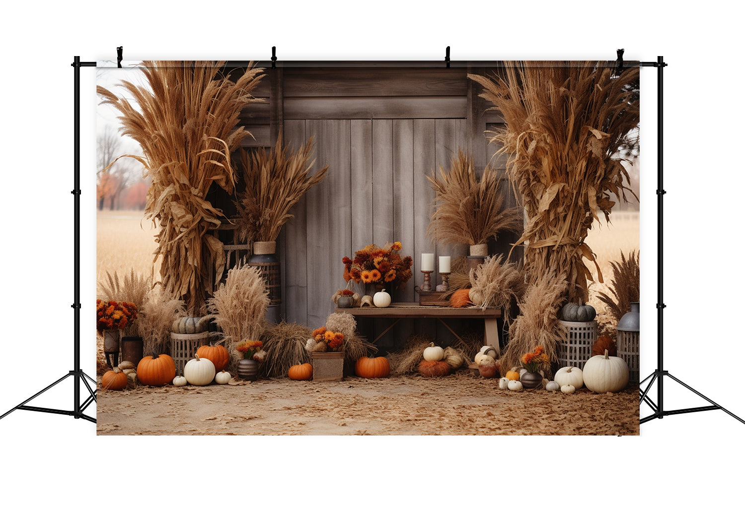 Herbst Holzhaus mit Heuhaufen Backdrop BRP7-79