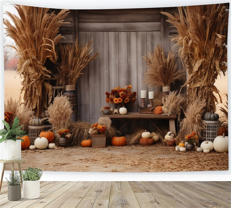Herbst Holzhaus mit Heuhaufen Backdrop BRP7-79