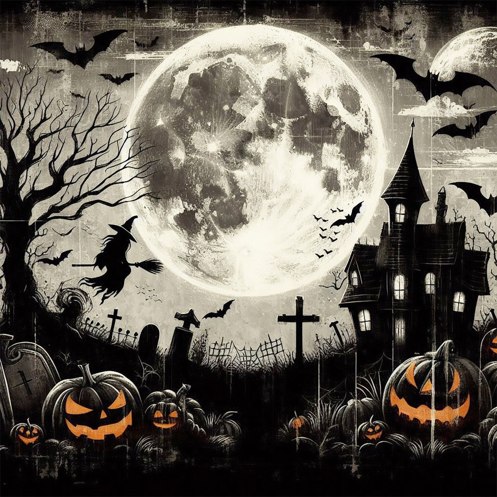 Gruseliger Halloween Friedhof mit fliegender Hexe Hintergrund BRP8-197