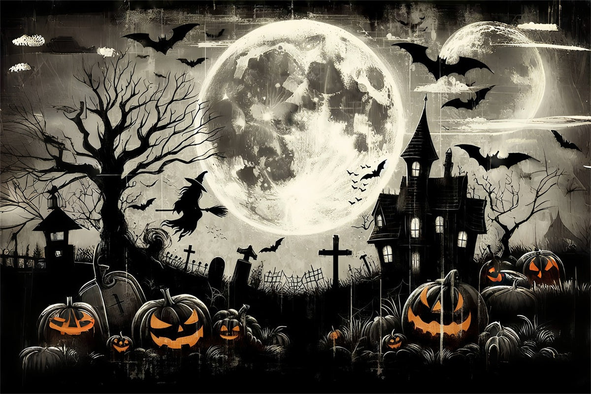 Gruseliger Halloween Friedhof mit fliegender Hexe Hintergrund BRP8-197