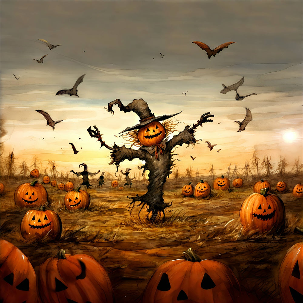 Halloween Gespenstische Vogelscheuche im Kürbisfeld Hintergrund BRP8-202
