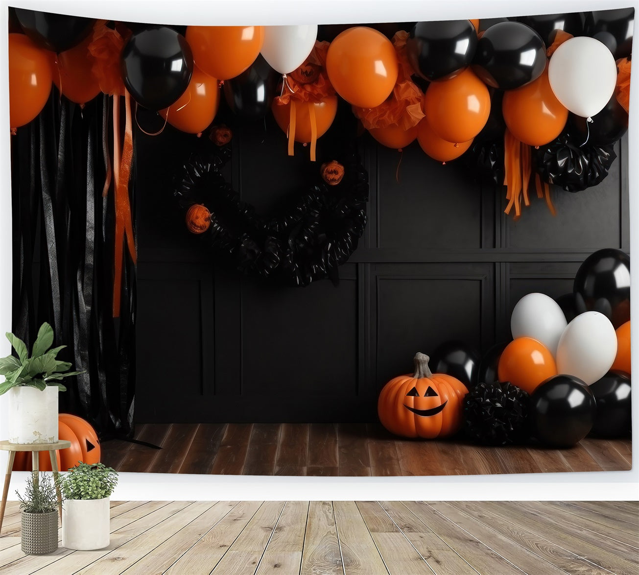 Orange-schwarze Ballongirlande als Halloween-Hintergrund BRP8-333