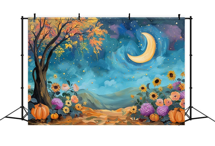Mystischer Nachthimmel Mond Herbst Blumen Backdrop BRP9-130
