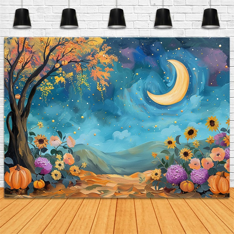 Mystischer Nachthimmel Mond Herbst Blumen Backdrop BRP9-130
