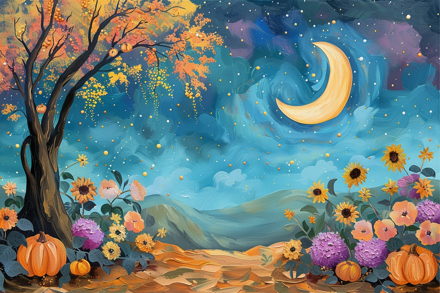 Mystischer Nachthimmel Mond Herbst Blumen Backdrop BRP9-130
