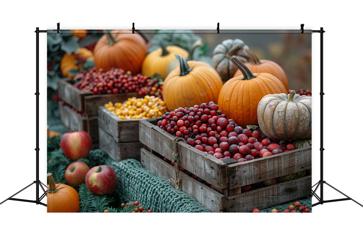 Ernte Holzkisten Kürbisse Obst Hintergrund BRP9-136