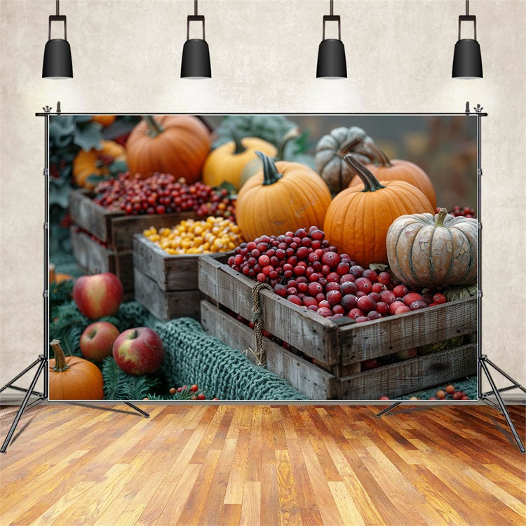 Ernte Holzkisten Kürbisse Obst Hintergrund BRP9-136
