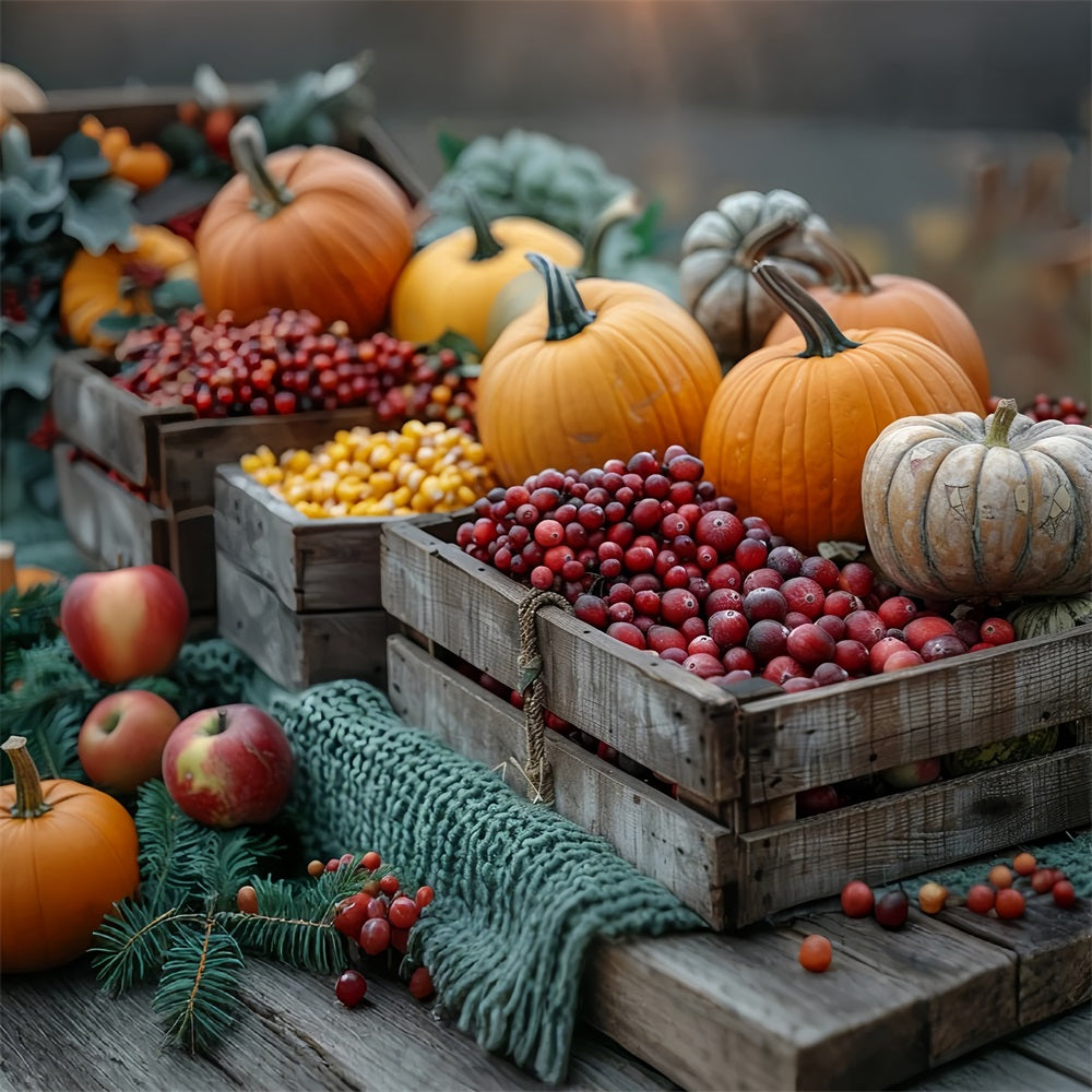 Ernte Holzkisten Kürbisse Obst Hintergrund BRP9-136