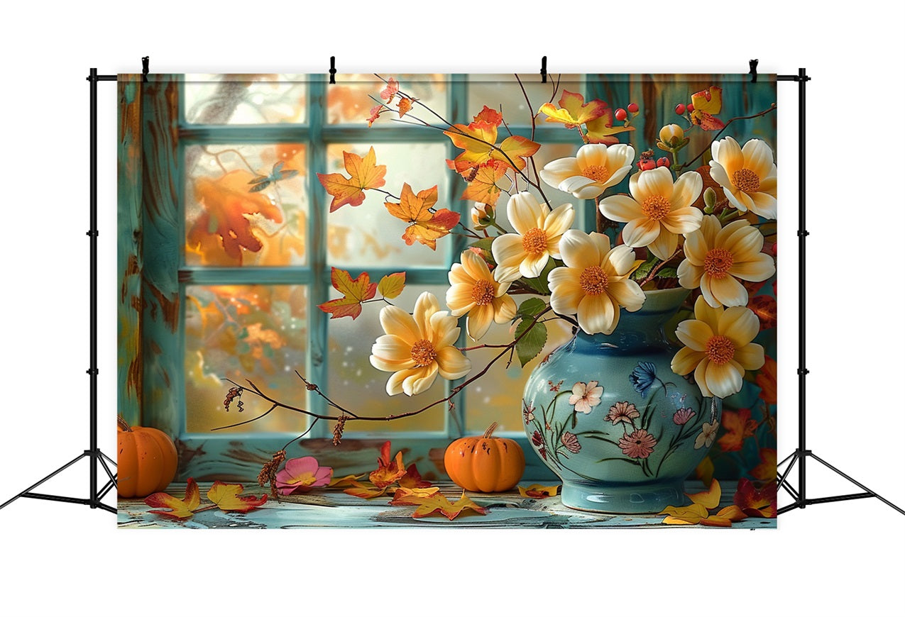 Herbst-Fenster-Szene Kürbis Blumen Hintergrund BRP9-168