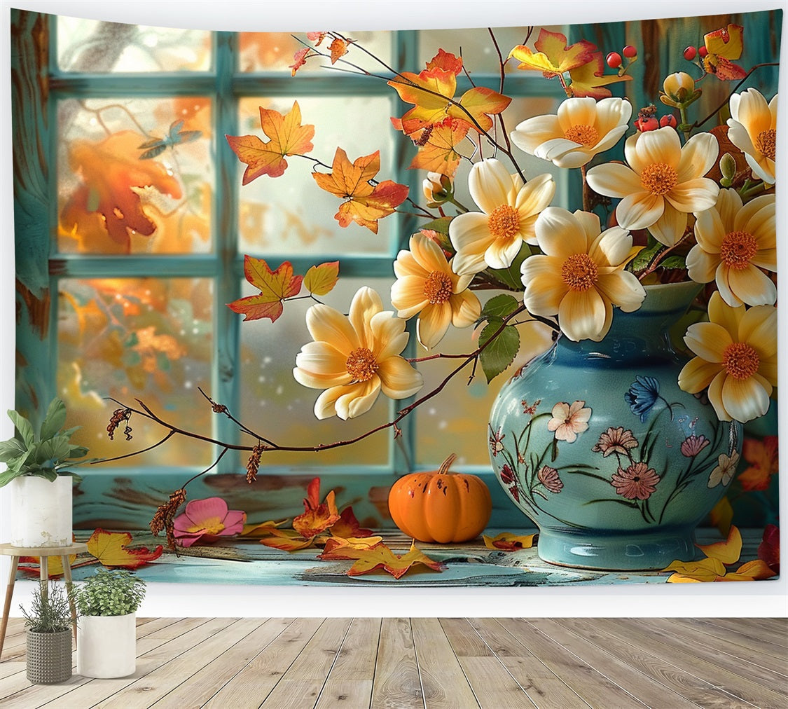 Herbst-Fenster-Szene Kürbis Blumen Hintergrund BRP9-168