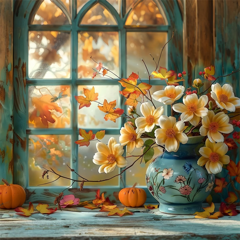 Herbst-Fenster-Szene Kürbis Blumen Hintergrund BRP9-168