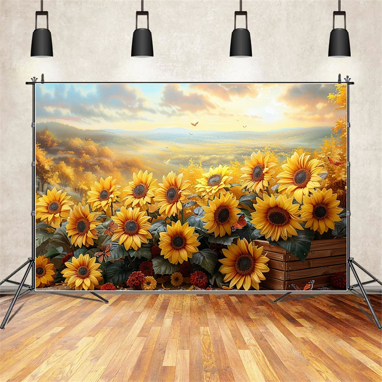 Goldene Sonnenblumenfeld Herbst Sonnenuntergang Glühen Hintergrund BRP9-181