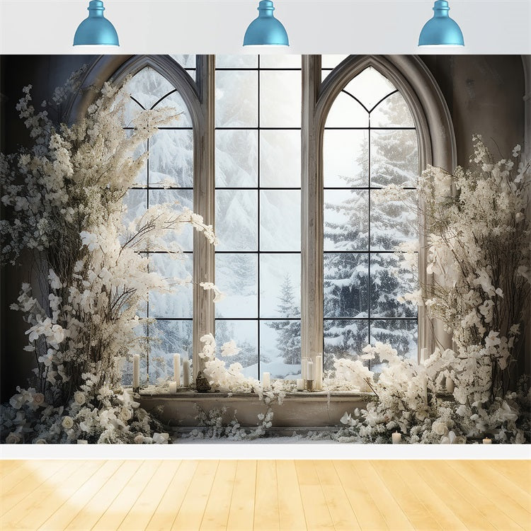 Winterfenster verschneite Tannenbäume Hintergrund BRP9-234