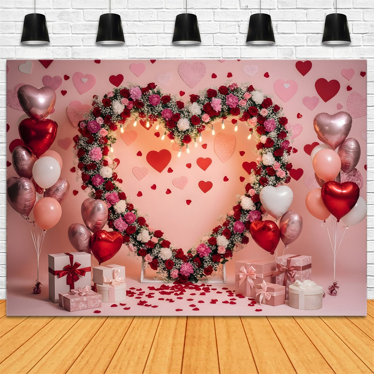 Valentinstag-Hintergründe Romantischer Blumenherz-Bogen Valentinstag-Foto-Hintergrund von Magali