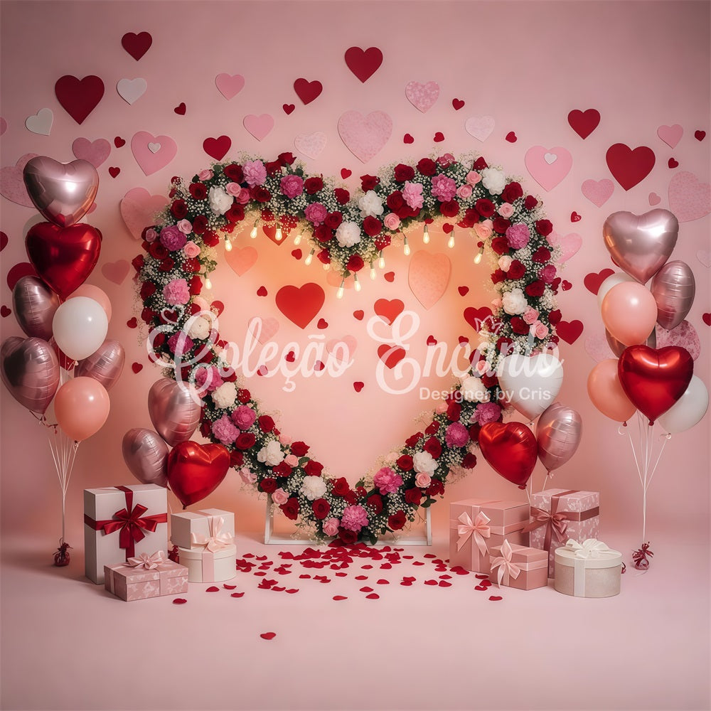 Valentinstag-Hintergründe Romantischer Blumenherz-Bogen Valentinstag-Foto-Hintergrund von Magali