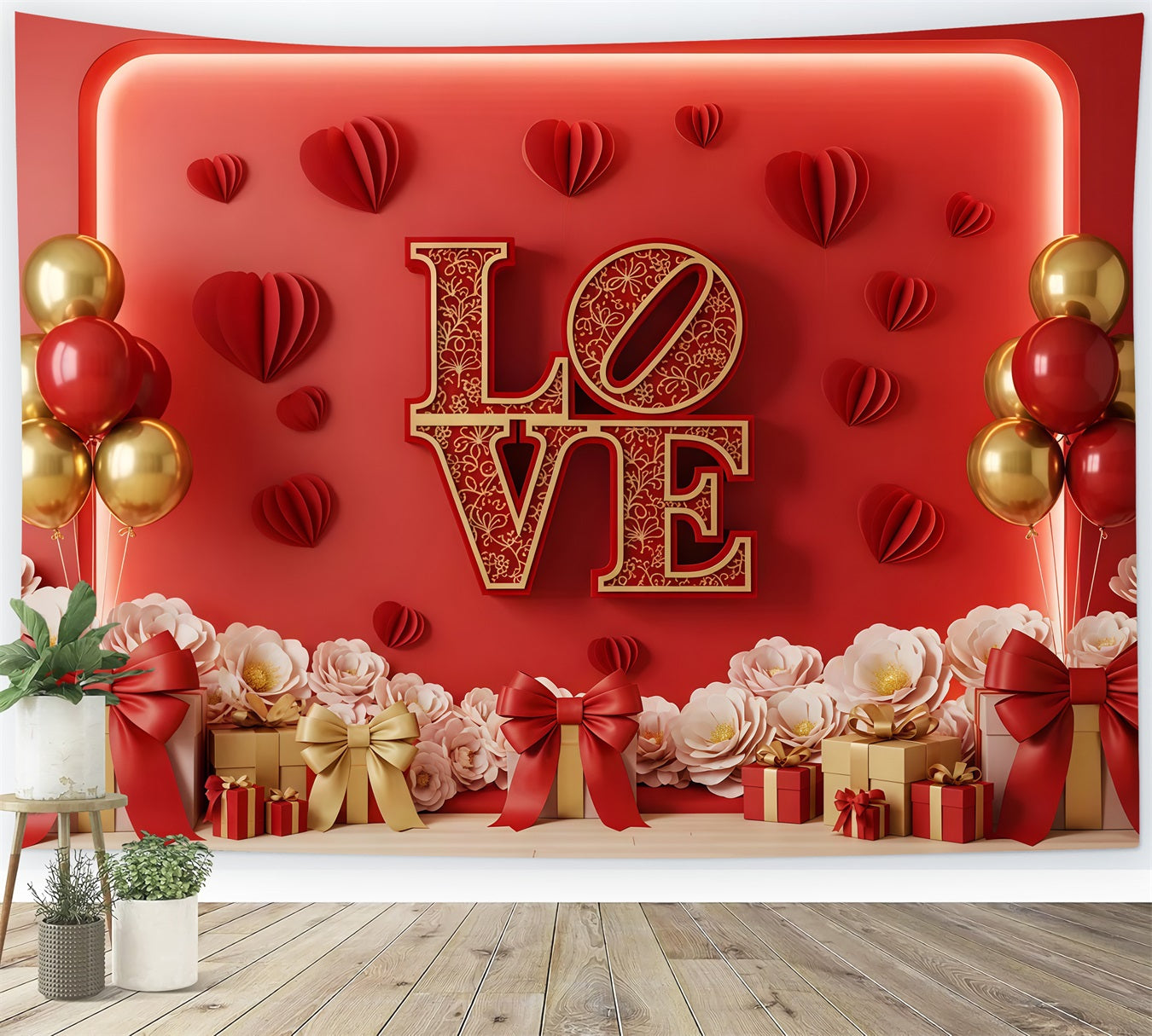 Valentinstag-Fotokabinenhintergrund Red Gold Love Display Valentinstag-Hintergrund von Magali