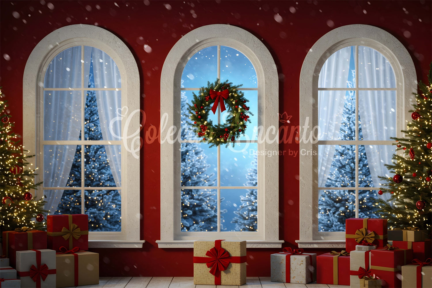 Weihnachtshintergrund für Fotos Rote Wand Gewölbe Fenster Hintergrund CEM5-1