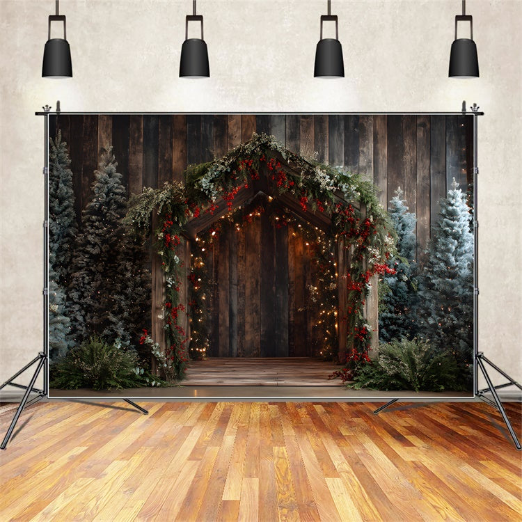 Weihnachts-Hintergrundkulissen Holztür Tannengirlande Hintergrundkulisse CEM5-43