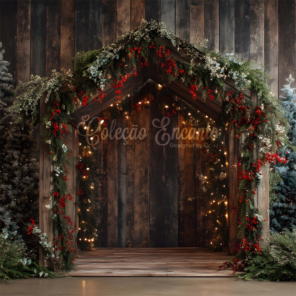Weihnachts-Hintergrundkulissen Holztür Tannengirlande Hintergrundkulisse CEM5-43