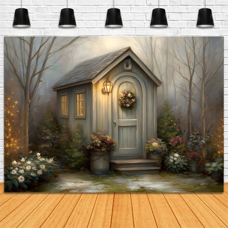 Weihnachts-Hintergrund Winter Cottage Wreath Forest Backdrop CEM5-45