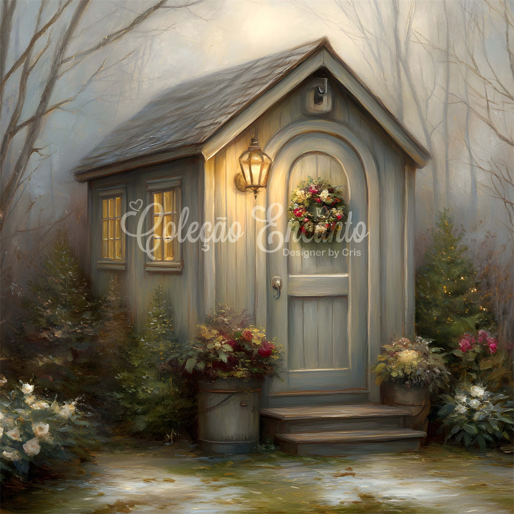 Weihnachts-Hintergrund Winter Cottage Wreath Forest Backdrop CEM5-45