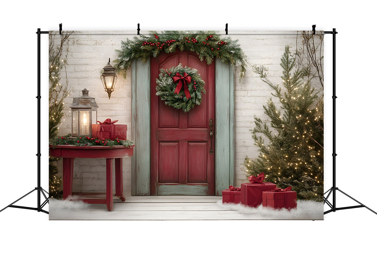 Professionelle Weihnachts-Hintergrundbilder Rote Tür Kranz Geschenk Hintergrund CEM5-50