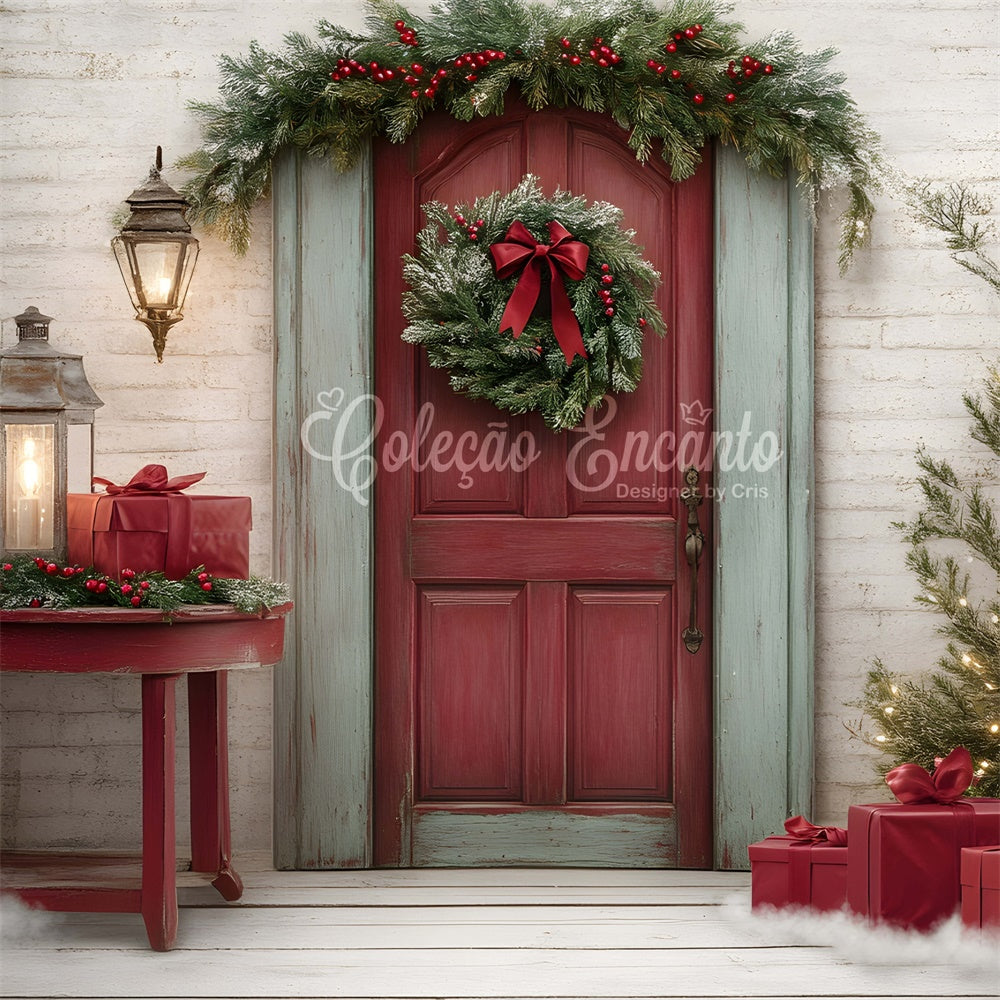 Professionelle Weihnachts-Hintergrundbilder Rote Tür Kranz Geschenk Hintergrund CEM5-50