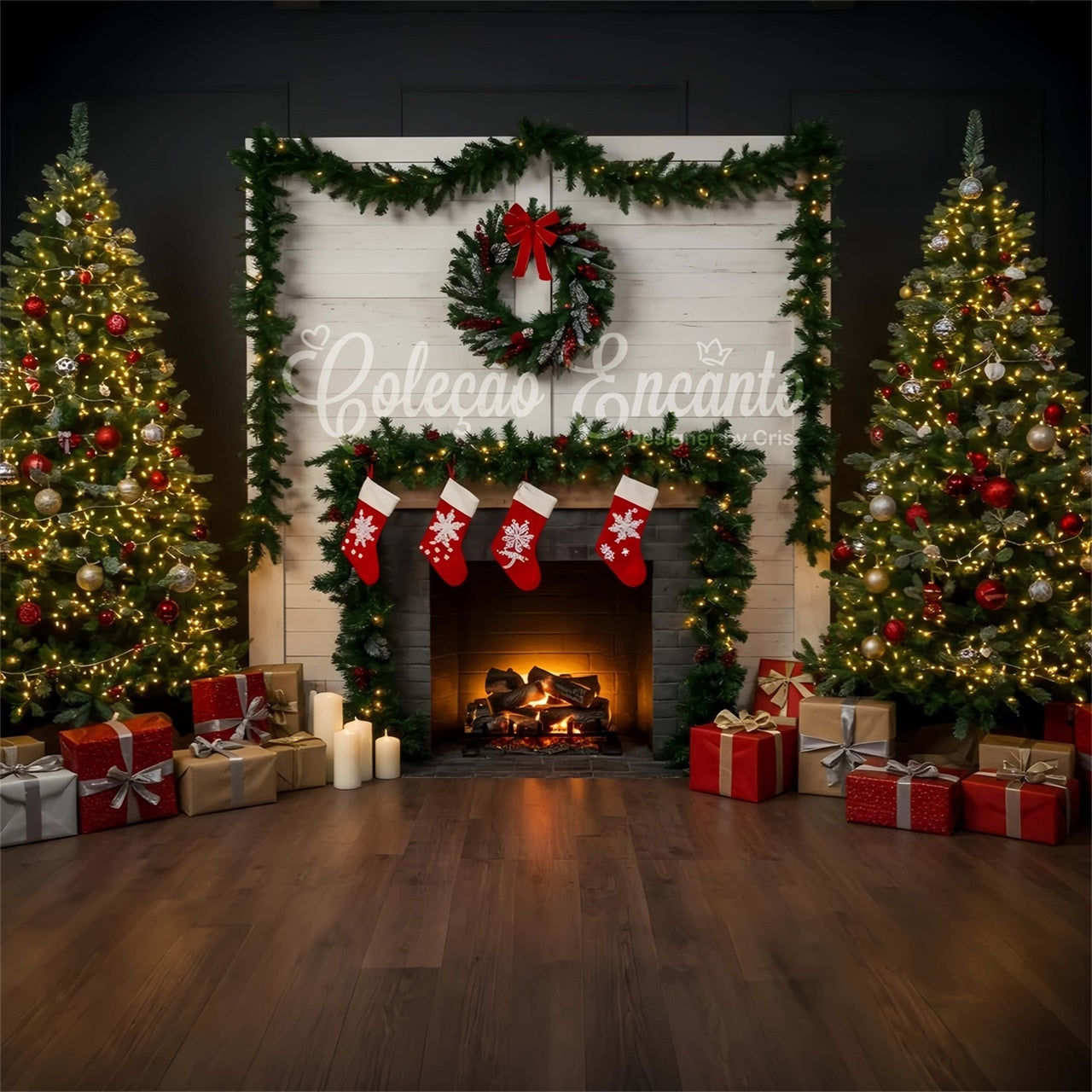 Weihnachtskamin-Hintergrundkulisse Holiday Living Room Kamin-Hintergrundkulisse CEM5-53