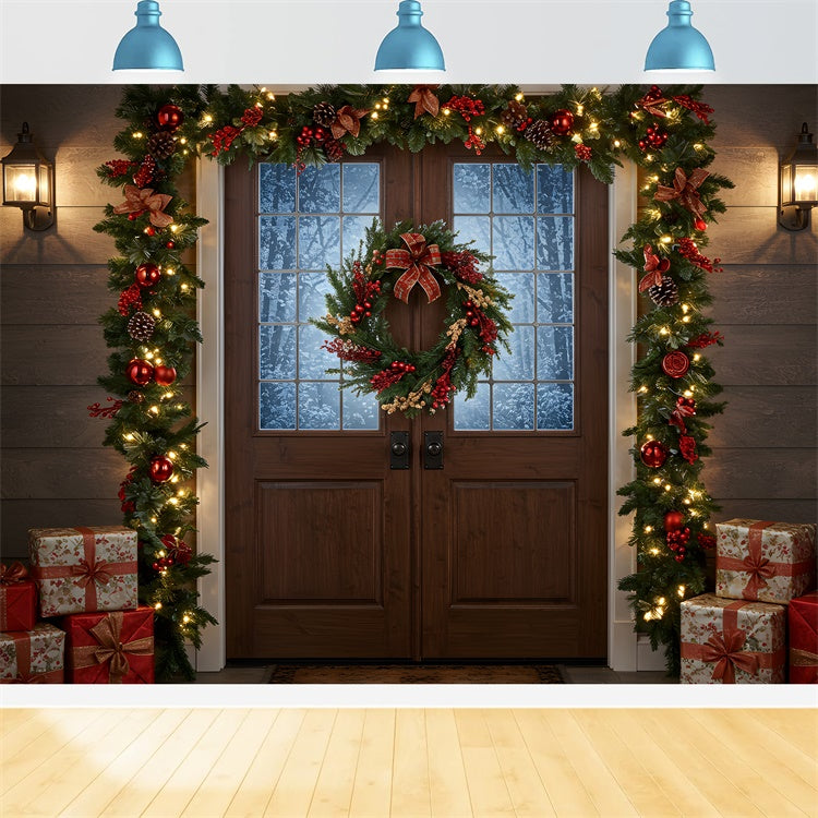 Weihnachts-Hintergrundkulisse Rustikaler Kranz Eingangskulisse CEM5-56