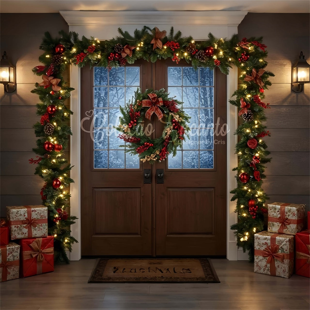 Weihnachts-Hintergrundkulisse Rustikaler Kranz Eingangskulisse CEM5-56