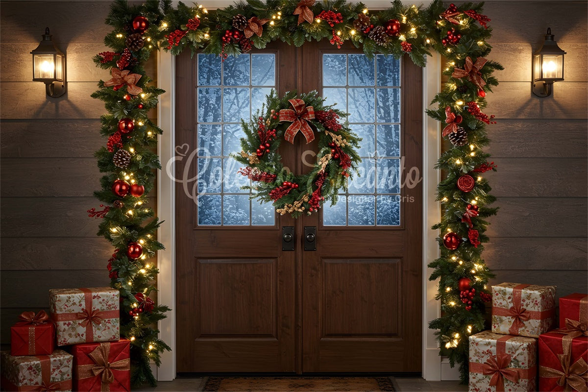 Weihnachts-Hintergrundkulisse Rustikaler Kranz Eingangskulisse CEM5-56
