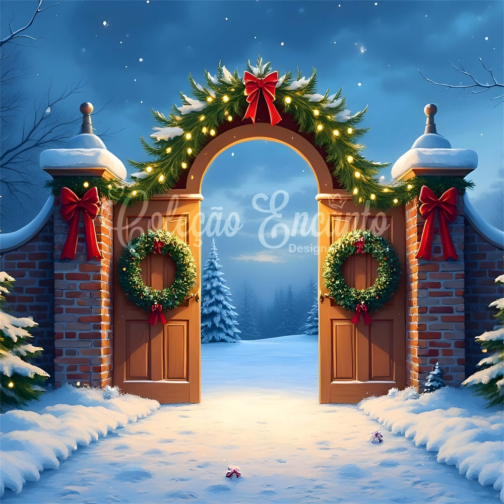 Weihnachtshintergrund Ideen Kranz verschneite Eingangskulisse CEM5-64
